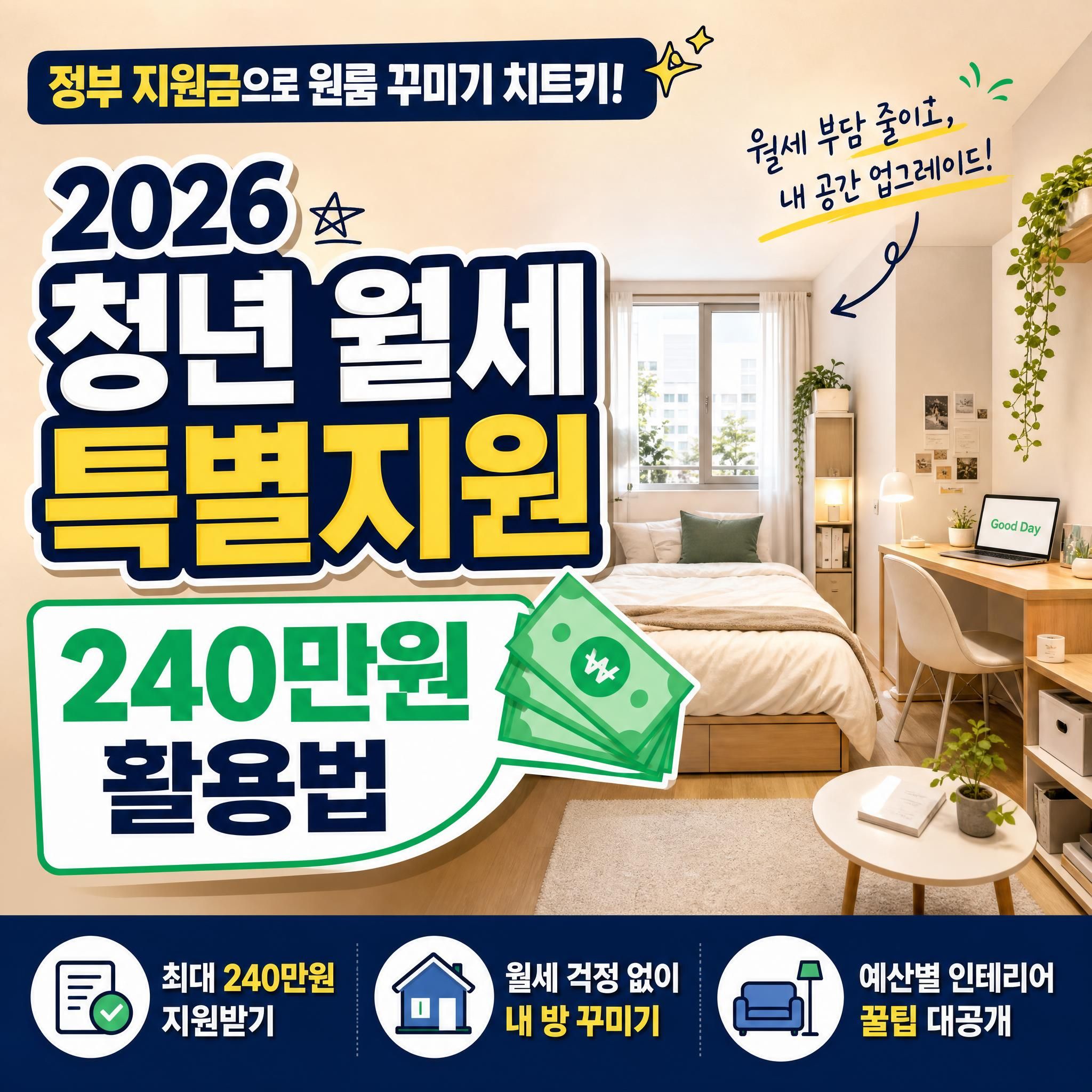 2026년 청년 월세 특별지원 240만원 활용법 및 정부 지원금으로 자취방 원룸 꾸미기 인테리어 꿀팁 총정리 대표 썸네일 이미지