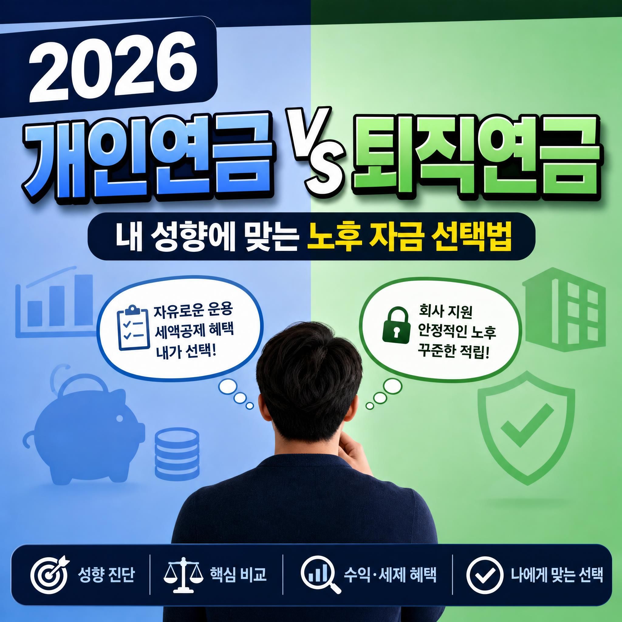 2026년 개인연금과 퇴직연금 차이점을 비교하고 투자 성향별 노후 자금 선택법을 정리한 블로그 포스팅 대표 썸네일 이미지